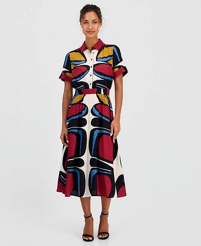 T Tahari Women's Printed Button-Down Midi Dress