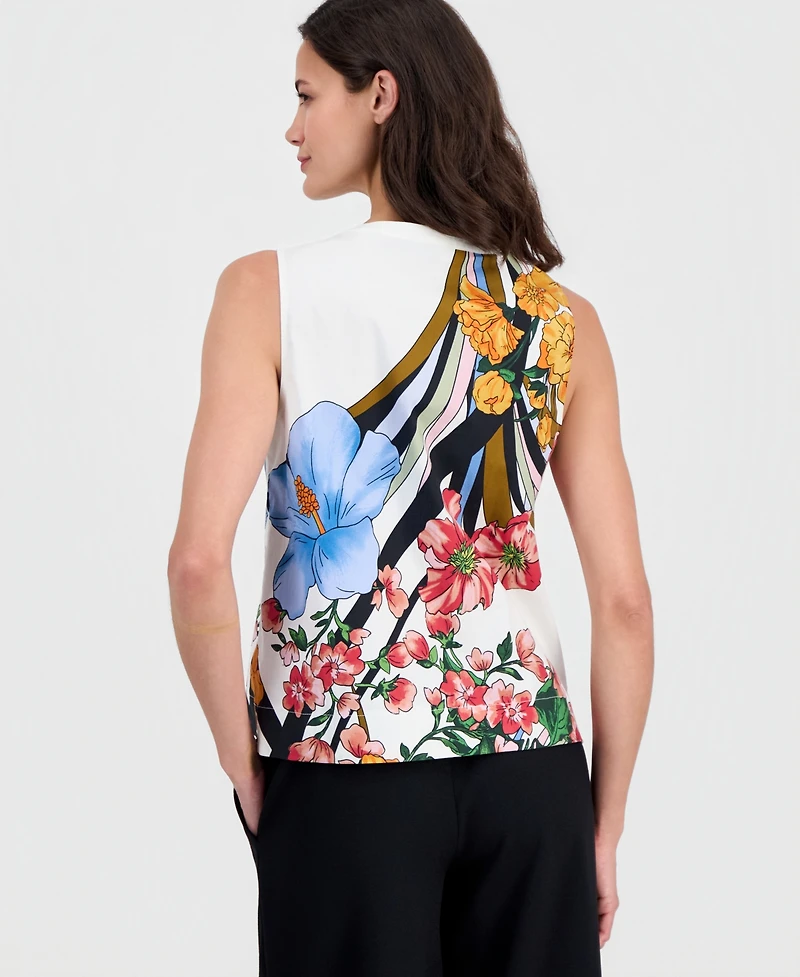 T Tahari Women's Printed Split-Neck Sleeveless Top