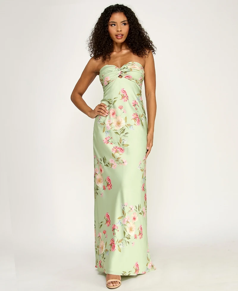 B Darlin Juniors' Floral Print Strapless Gown
