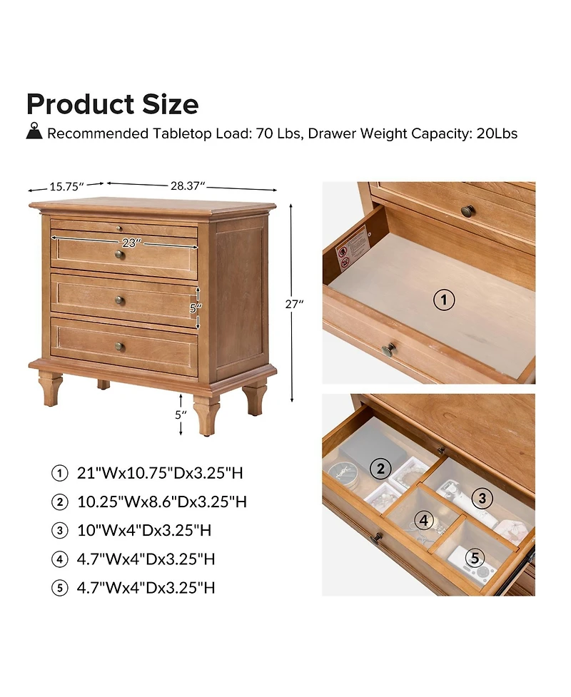 Hulala Home Arthelia Traditional 28.37''W 3-Drawer End Table with Charging Station