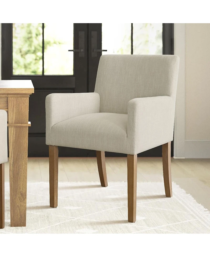 Maison Boucle Set of 2 Linen Upholstered Dining Arm Chairs, Solid Wood Legs
