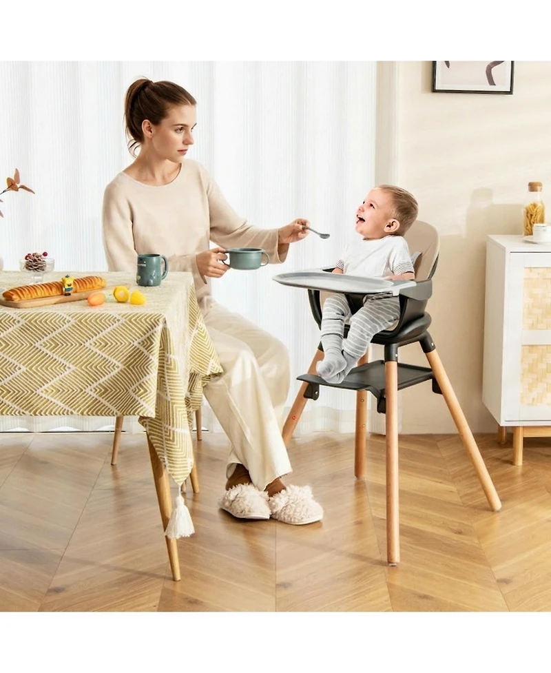 Gouun Baby 6-in-1 Beech Wood Convertible High Chair with Adjustable Footrest and Double Tray