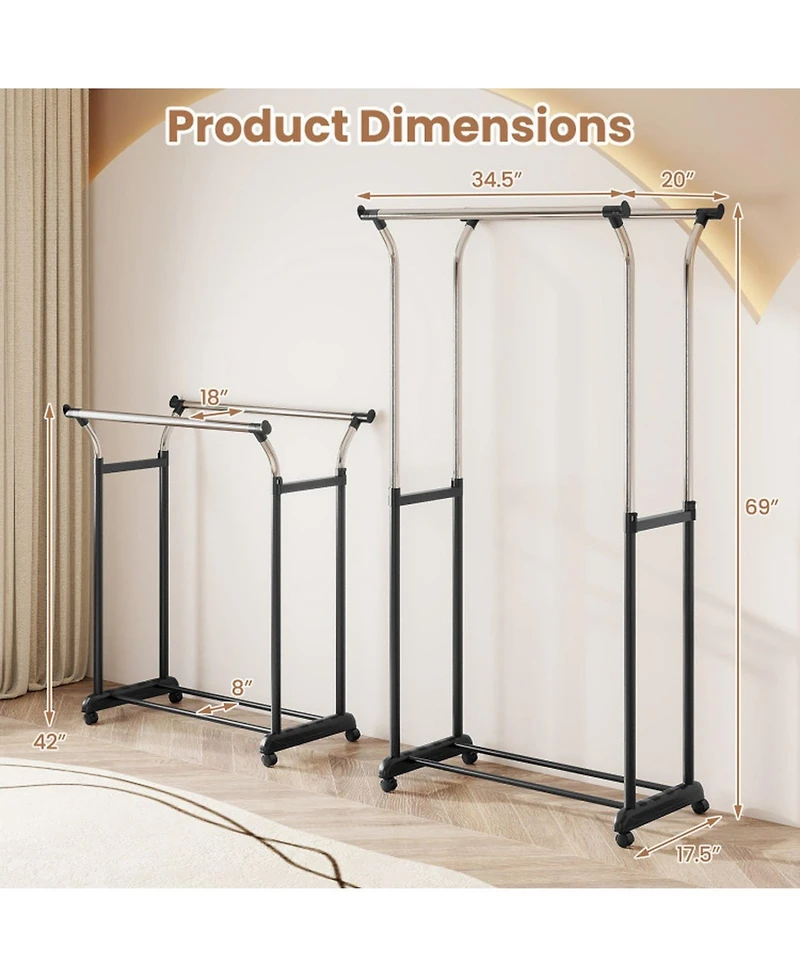 Gouun Double Rod Rolling Garment Rack with Adjustable Height from 42 to 69 in