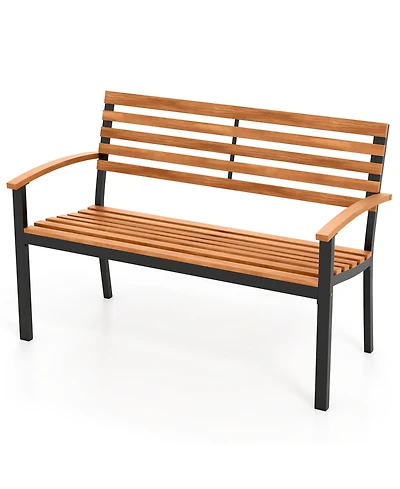 Sugift Acacia Wood Patio Bench Loveseat with Backrest and Armrests