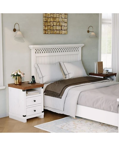 gaomon Farmhouse White Nightstand with Charging Station, 2 Drawers, Usb Ports & Power Outlets