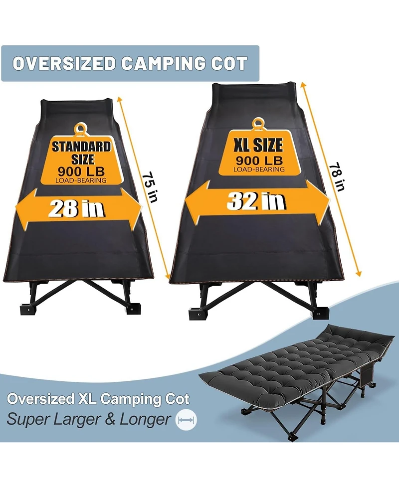 Aboron Xxl Folding Camping Cot with Mat: 78"x32"x18". Heavy Duty 1200D Oxford Portable Travel Bed Carry Bag. Durable Outdoor Gear.