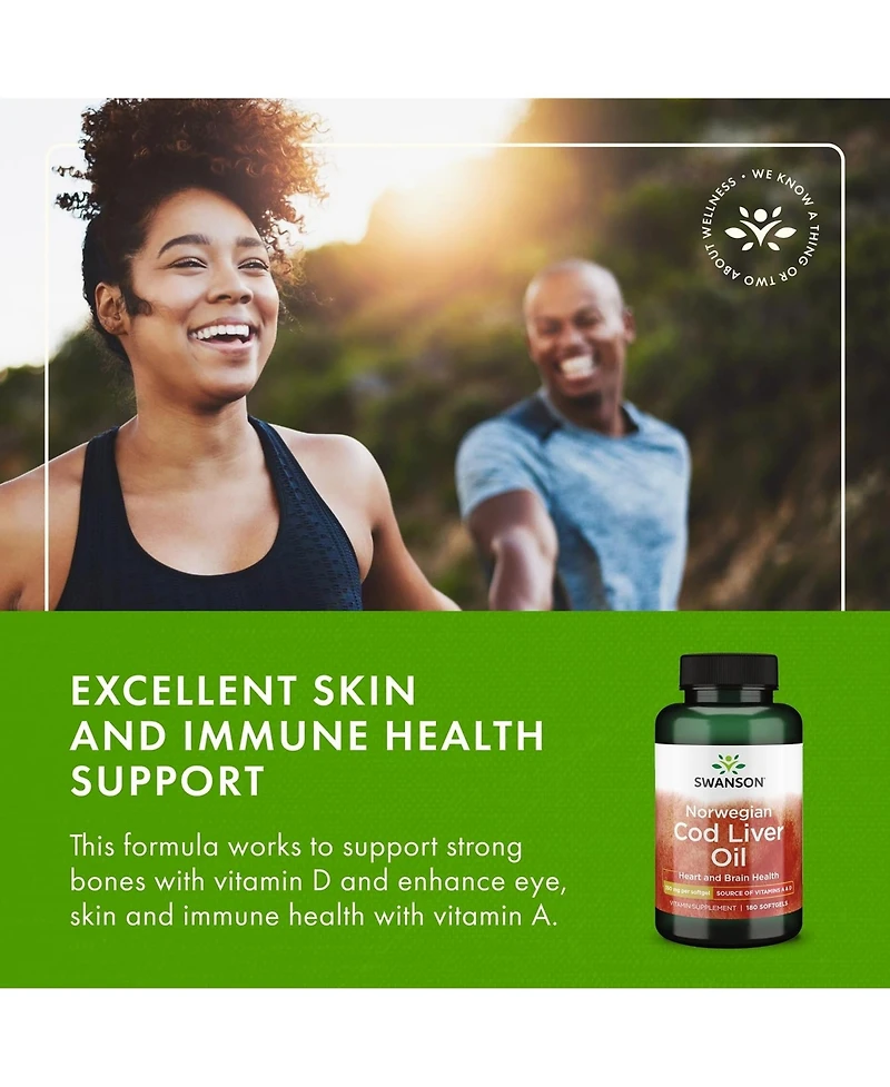 Swanson Cod Liver Oil, Wellness Supplement, Bone, Skin, Vision and Immune Health, High Absorption Vitamin A, 350 mg, 180 Softgels