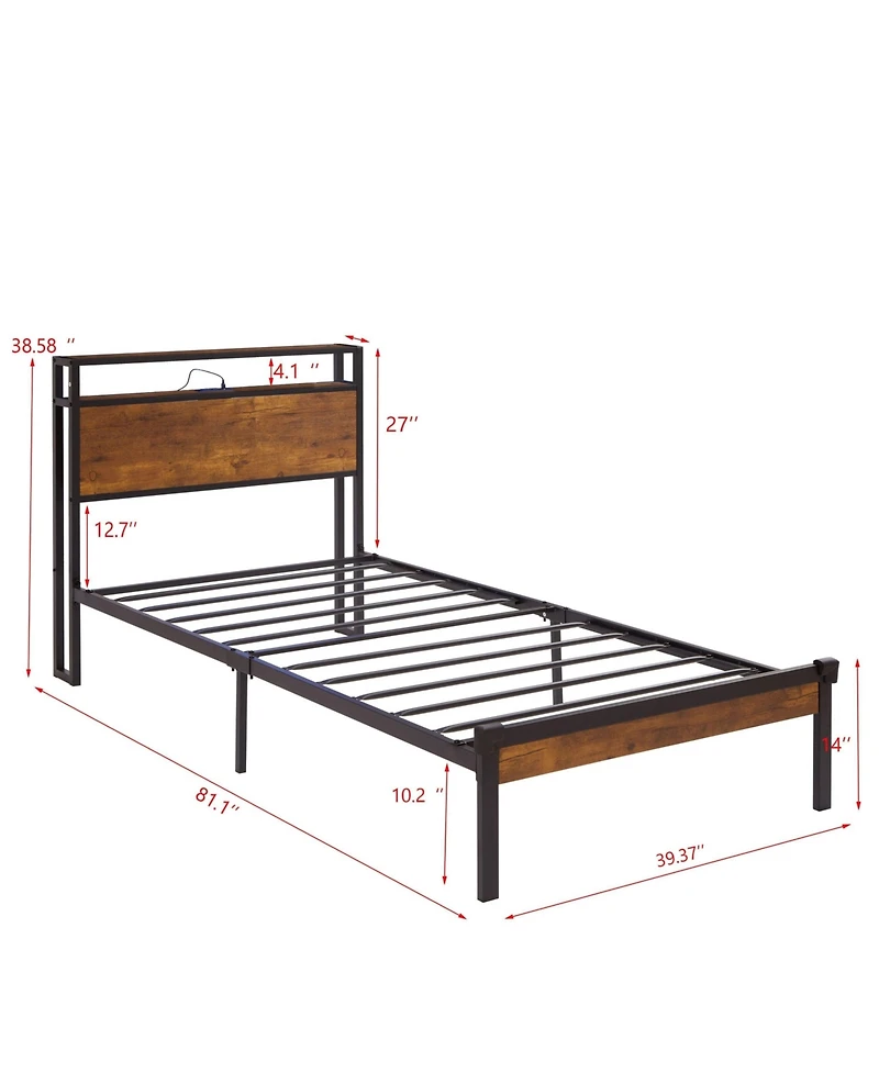 Lucky One Metal Platform Bed Frame with Wooden Headboard and Footboard with Usb Liner