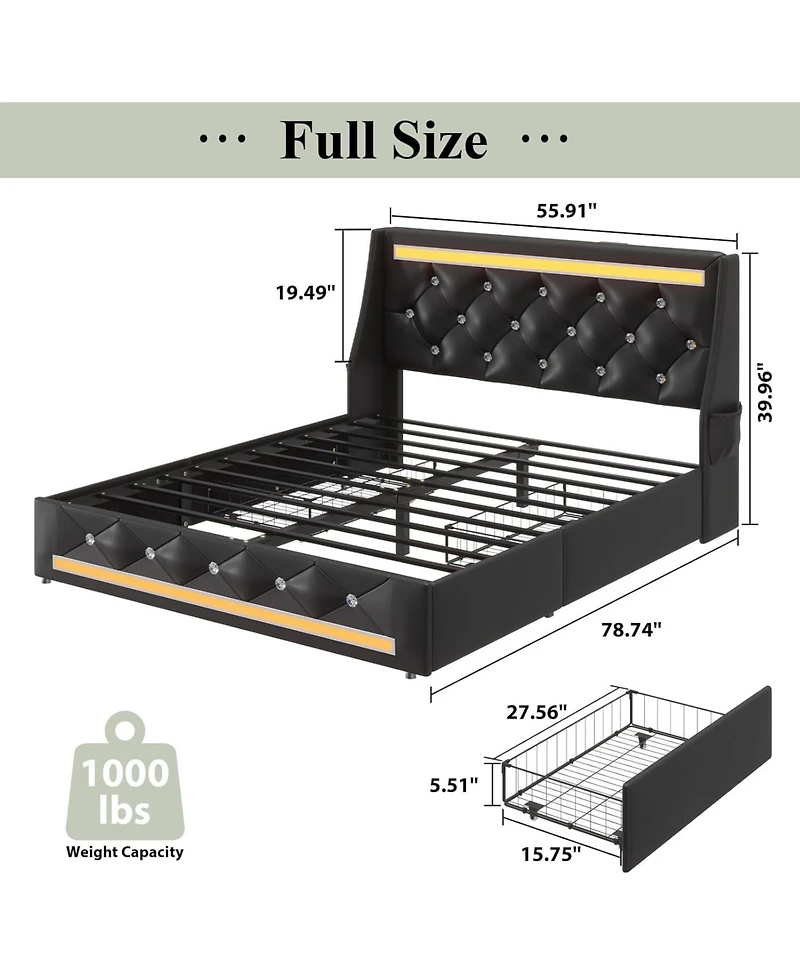 Lucky One Bed Frame with Wingback Upholstered Diamond Headboard and 2 Storage Drawers