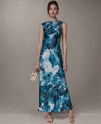 Donna Karan New York Women's Boat Neck Maxi Sleeveless Printed Dress