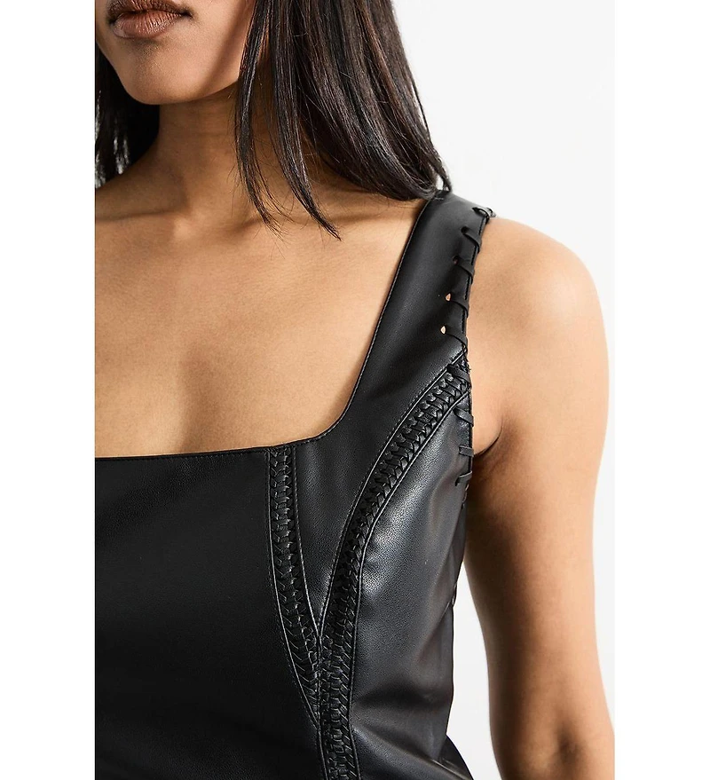 Warehouse Women's Faux Leather Whipstitch Trim Midi Dress