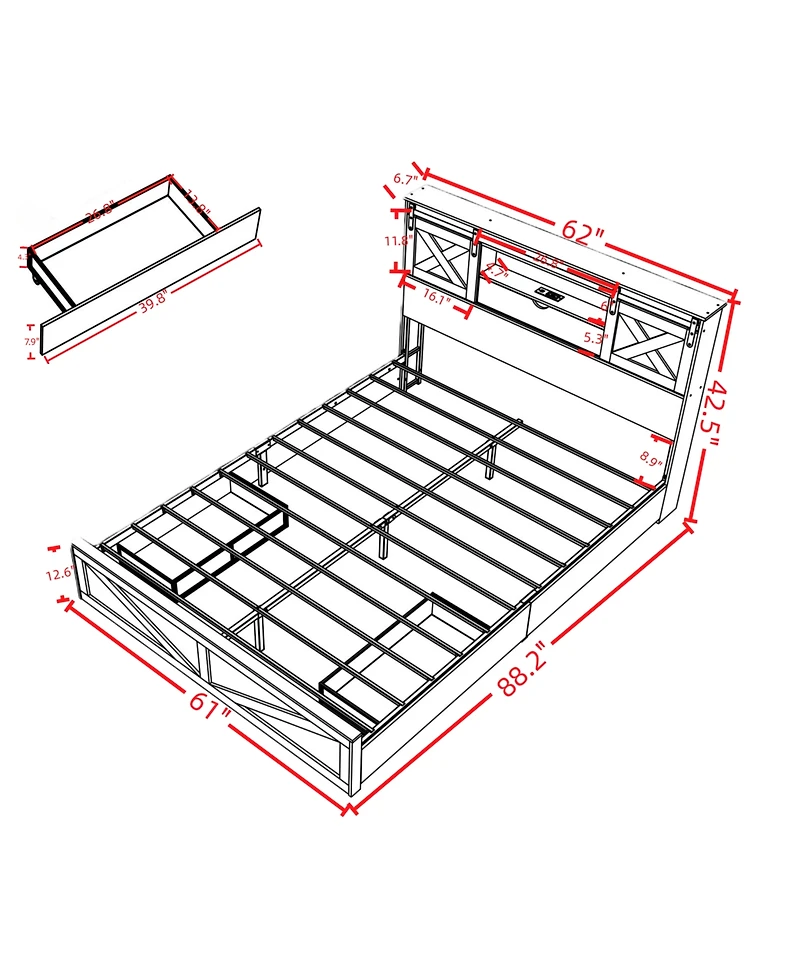 Lucky One Farmhouse Bed Frame Queen Size with Led Lights and Charging Station