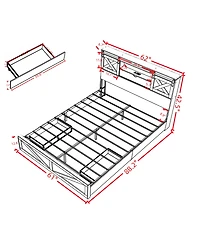 Lucky One Farmhouse Bed Frame Queen Size with Led Lights and Charging Station