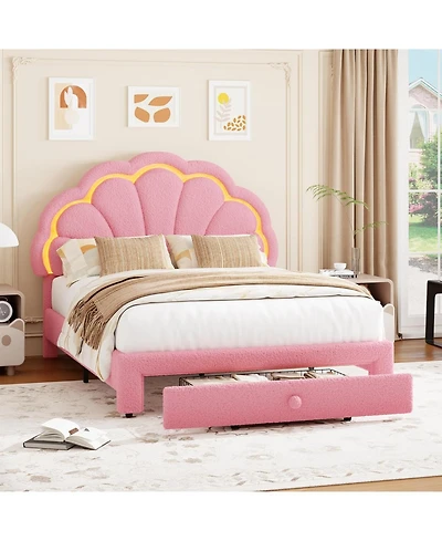 gaomon Upholstered Led Bed Frame with Storage Drawer and Adjustable Chic Headboard, Berber Fleece Princess Platform for Kids