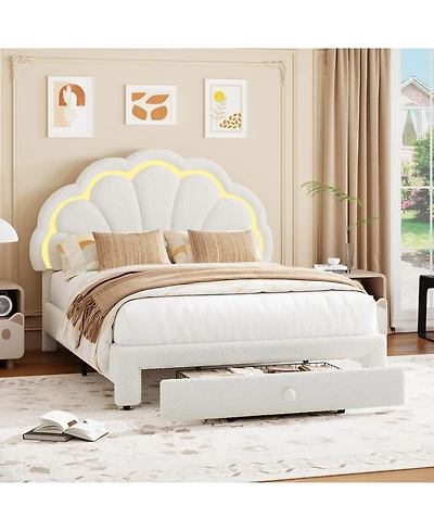 gaomon Upholstered Led Bed Frame with Storage Drawer and Adjustable Chic Headboard, Berber Fleece Princess Platform for Kids