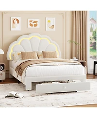 gaomon Upholstered Led Bed Frame with Storage Drawer and Adjustable Chic Headboard, Berber Fleece Princess Platform for Kids