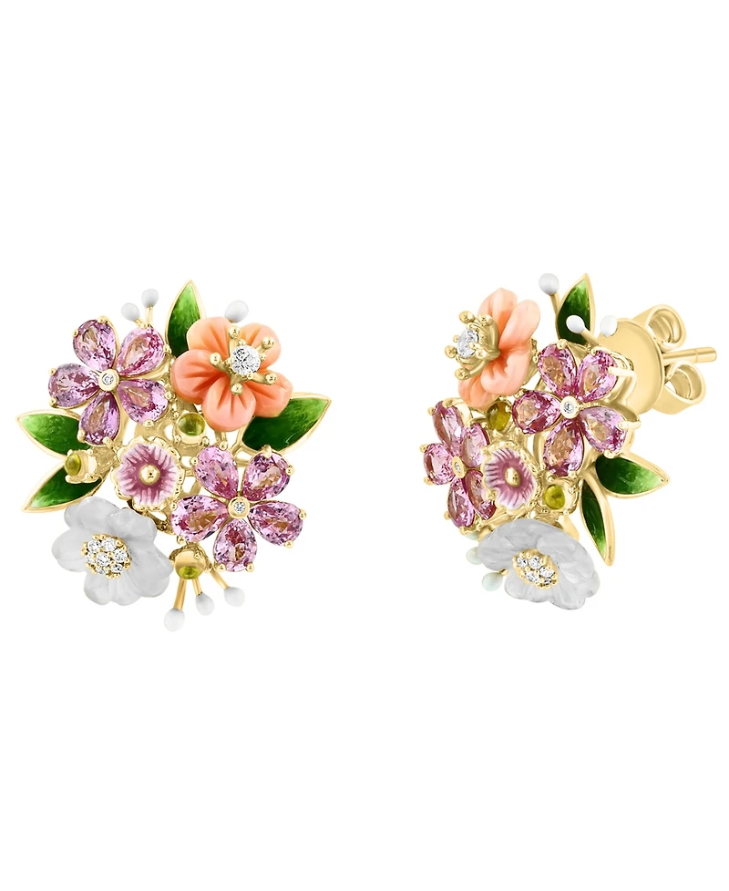 Lali Jewels Pink Mother of Pearl (1-2/5 ct. t.w.), Multi Gemstone (6.07 ct. t.w.) & Diamond (1/14 ct. t.w.) Stud Earrings in 14k Yellow Gold