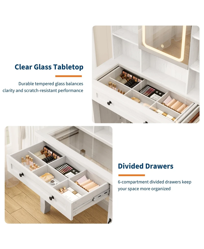 Homfan Farmhouse Makeup Vanity Desk with Lighted Mirror, Glass Top, Power Outlet, Upholstered Stool, Storage Drawers and Shelves