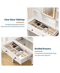 Homfan Farmhouse Makeup Vanity Desk with Lighted Mirror, Glass Top, Power Outlet, Upholstered Stool, Storage Drawers and Shelves