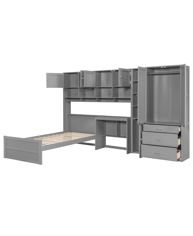 Streamdale Furniture Wooden Twin Platform Bed with Desk, Wardrobe, Cabinets, Drawers