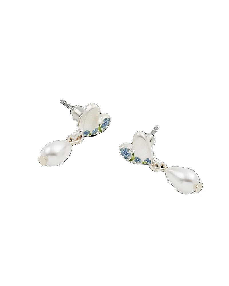 Fable England Forget-Me-Not Heart And Pearl Earrings Silver