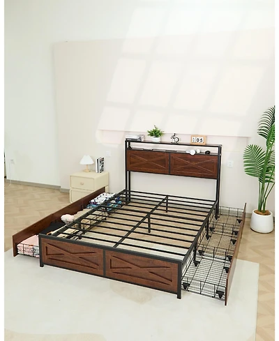 Lucky One Full Bed Frame with 6 Storage Drawers, Storage Headboard with Charging Statio Bed Frame