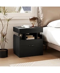 Gymax 2-Piece Nightstand with Charging Station Drawer Sliding Top Storage Tray Open Shelves