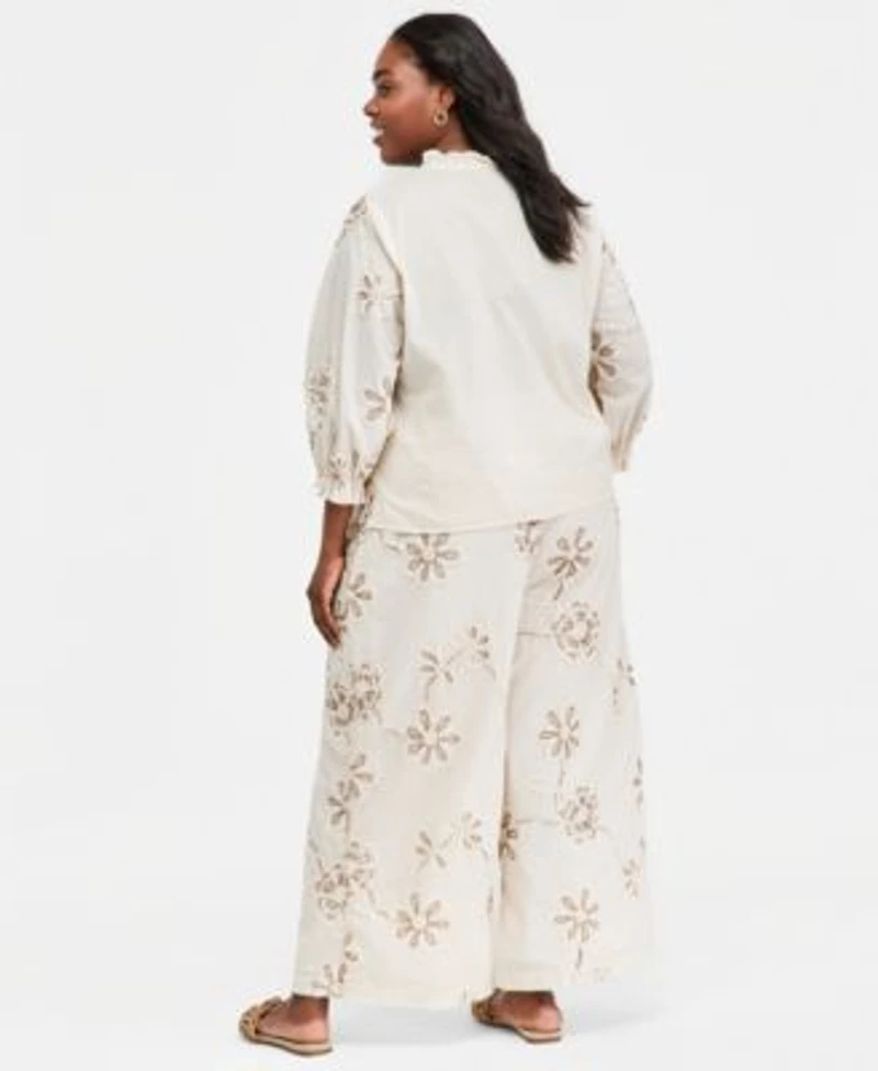 Vince Camuto Plus Size Split Neck Tie Blouse Elastic Waist Pants With Angled Hem