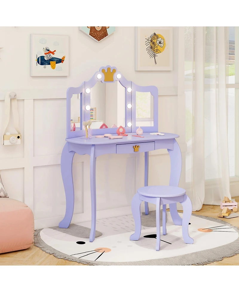 Gouun Kids Vanity Set with Led Tri-Fold Mirror, Detachable Top and Stool