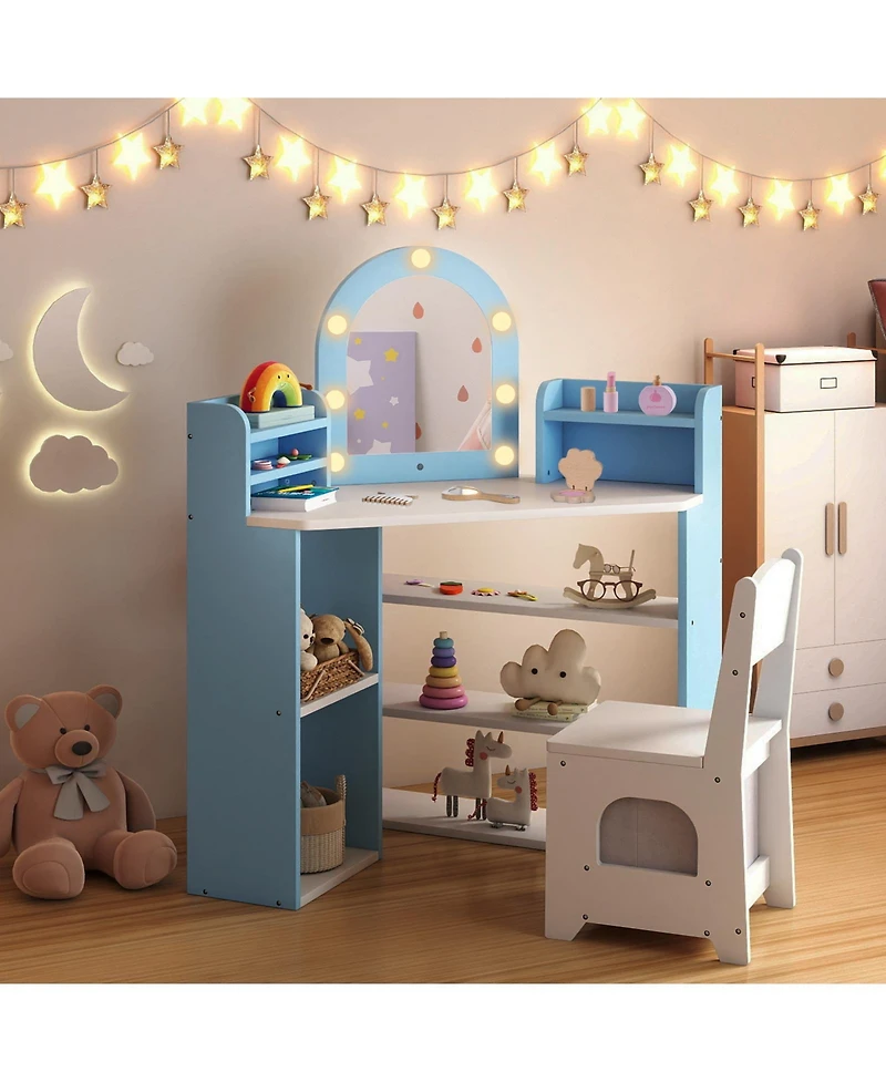 Gouun 2-in-1 Corner Kids Vanity Set with Led Lights and Chair