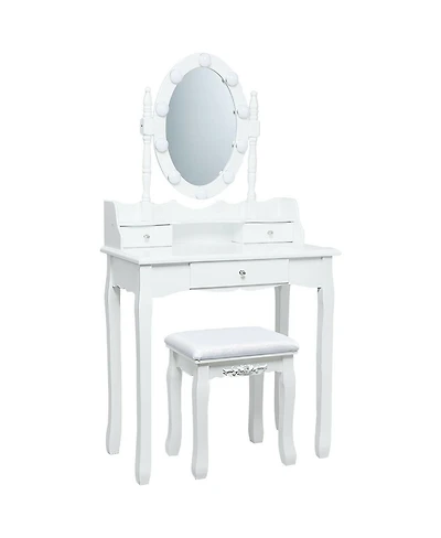 Gouun Oval Mirror Vanity Set with 10 Led Dimmable Bulbs, 3 Drawers and Stool