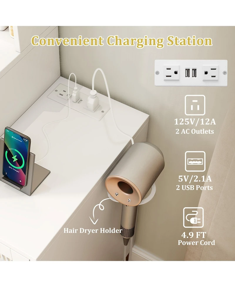 Gouun 44 in Makeup Vanity Desk and Stool Set with Lighted Mirror and Charging Station