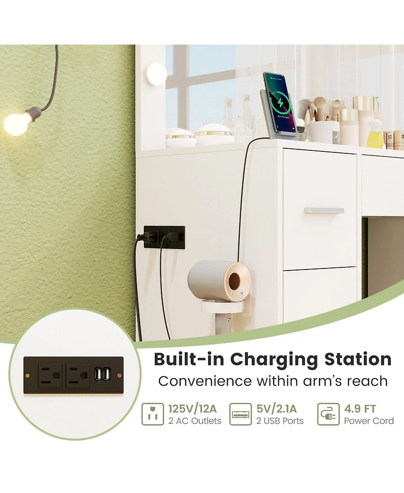 Gouun 43.5 in Vanity Desk with Led Lighted Mirror, 7 Drawers and Storage Stool