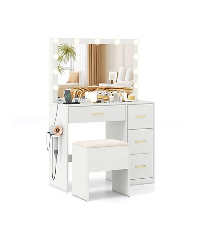 Gouun Vanity Desk with Led Lighted Mirror, 4 Drawers and Power Outlets