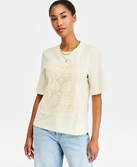 On 34th Women's Oversized Crochet Patch Cotton Jersey T-Shirt, Macy's Exclusive