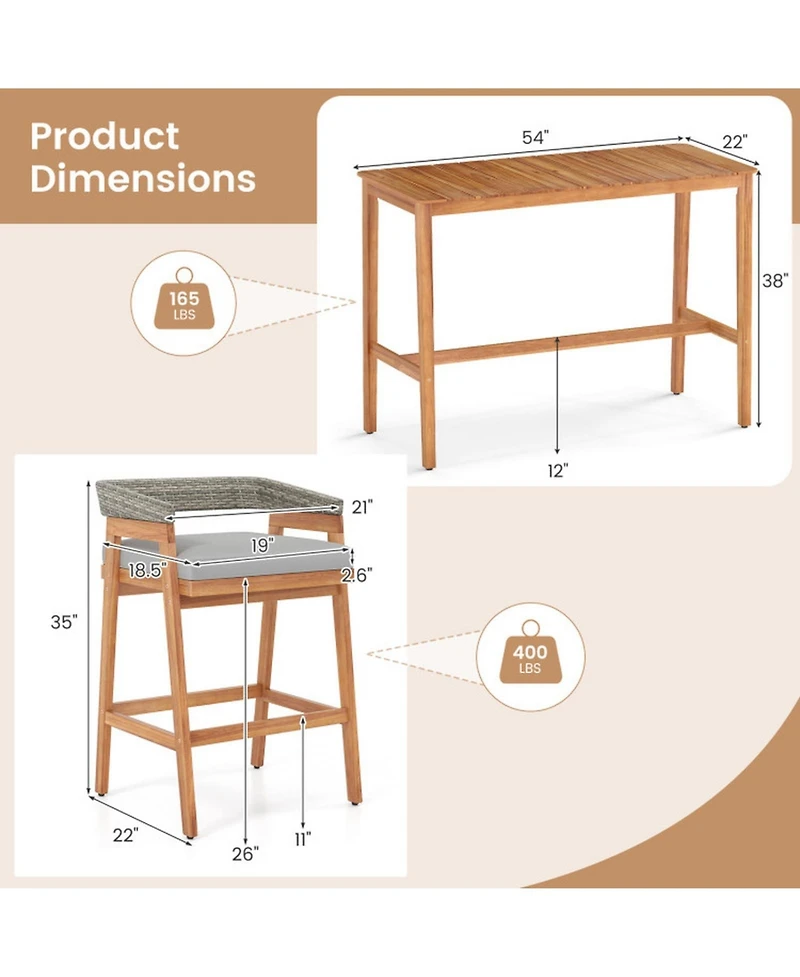 Gouun 54 x 22 in Acacia Wood Counter Height Patio Bar Set with Pe Rattan Barstools and Cushions