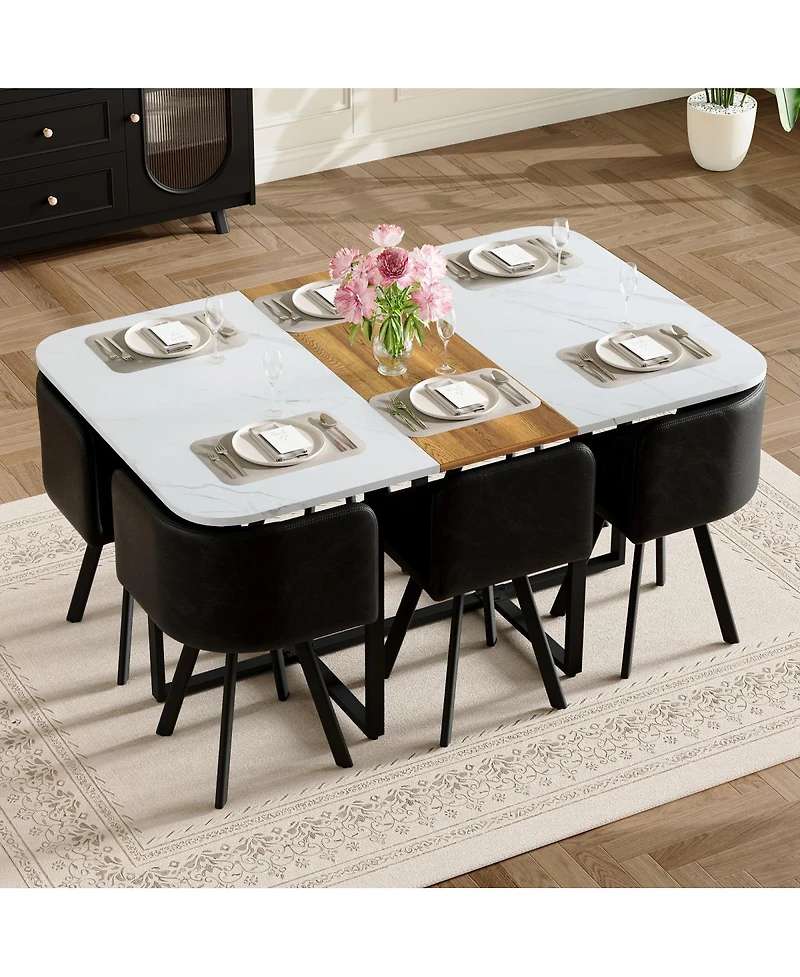 Streamdale Furniture 6-Pieces Faux Marble Dining Set with 6 Leather Chairs