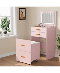 Homfan 3-in-1 Compact Vanity Desk with Mirror and Adjustable Led Lights, Dressing Table Set Storage Rolling Chair, For Girls' Bedrooms