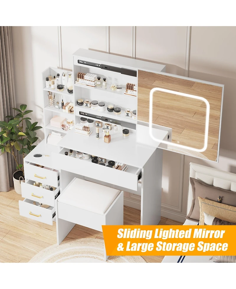 Homfan Modern Vanity Desk with Sliding Led Mirror, 4 Drawers, Power Outlet, Storage Shelves, Adjustable Lighting, Cushioned Stool