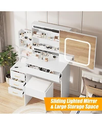 Homfan Modern Vanity Desk with Sliding Led Mirror, 4 Drawers, Power Outlet, Storage Shelves, Adjustable Lighting, Cushioned Stool