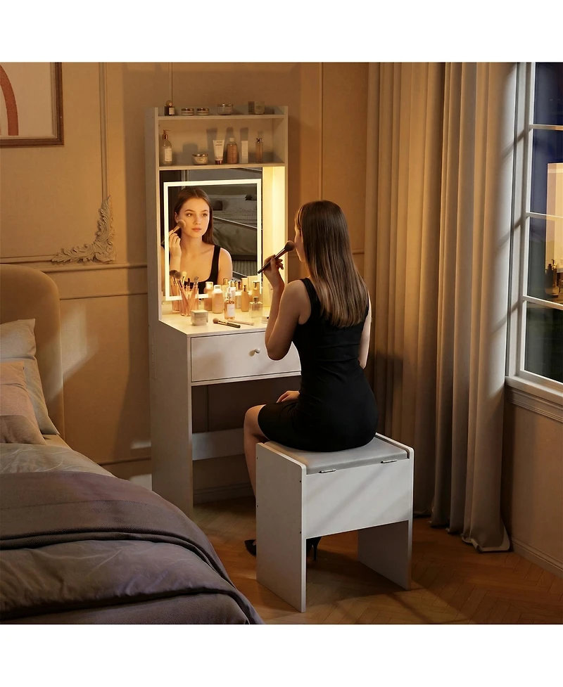 Homfan Makeup Vanity Desk with Smart Led Mirror and Power Station, Small Vanity Desk with with Fold-up Panel, Storage Chair and Open Shelves