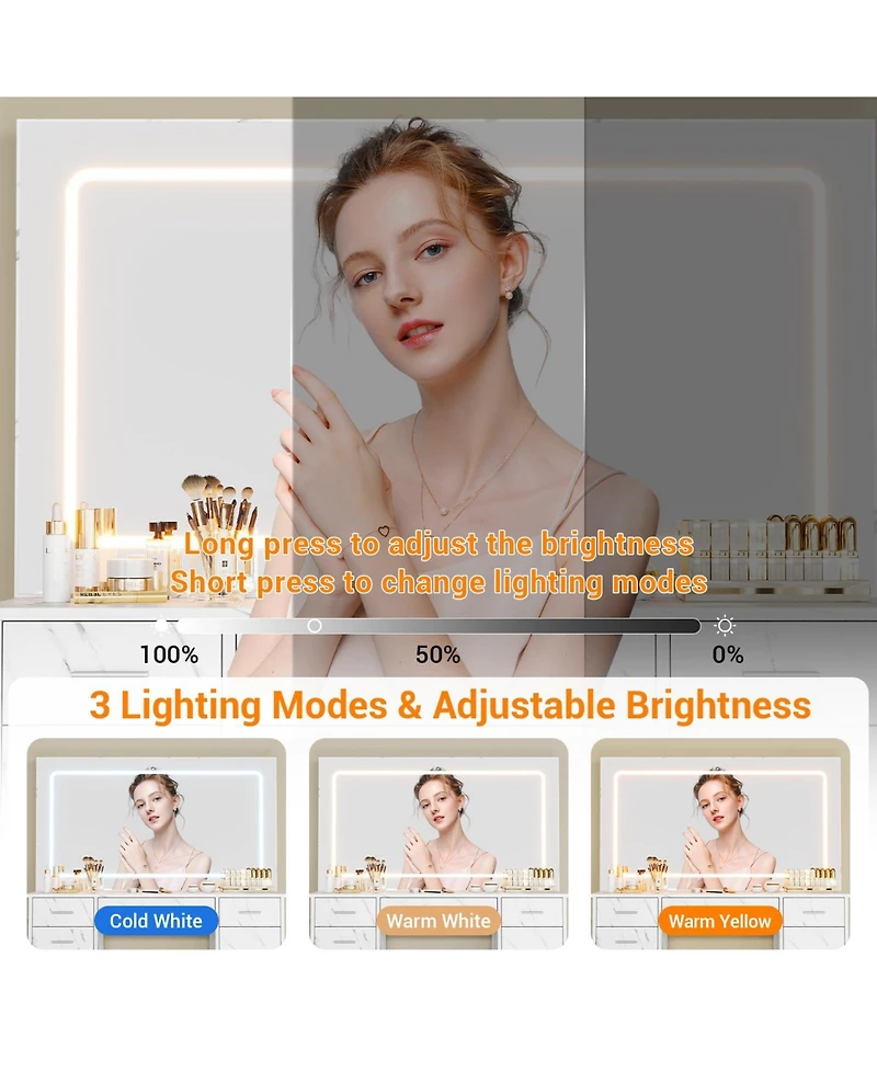 Homfan Makeup Vanity Desk with Large Dimmable Mirror, 7 Drawers and Chair, 3 Lighting Modes, Built-in Charging Station, Hair Dryer Holder