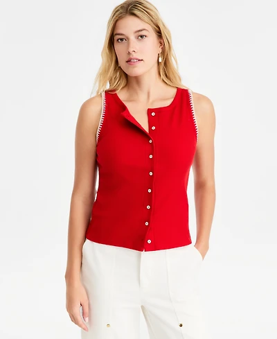 On 34th Women's Sleeveless Rib-Knit Whipstitch Button Front Top, Macy's Exclusive