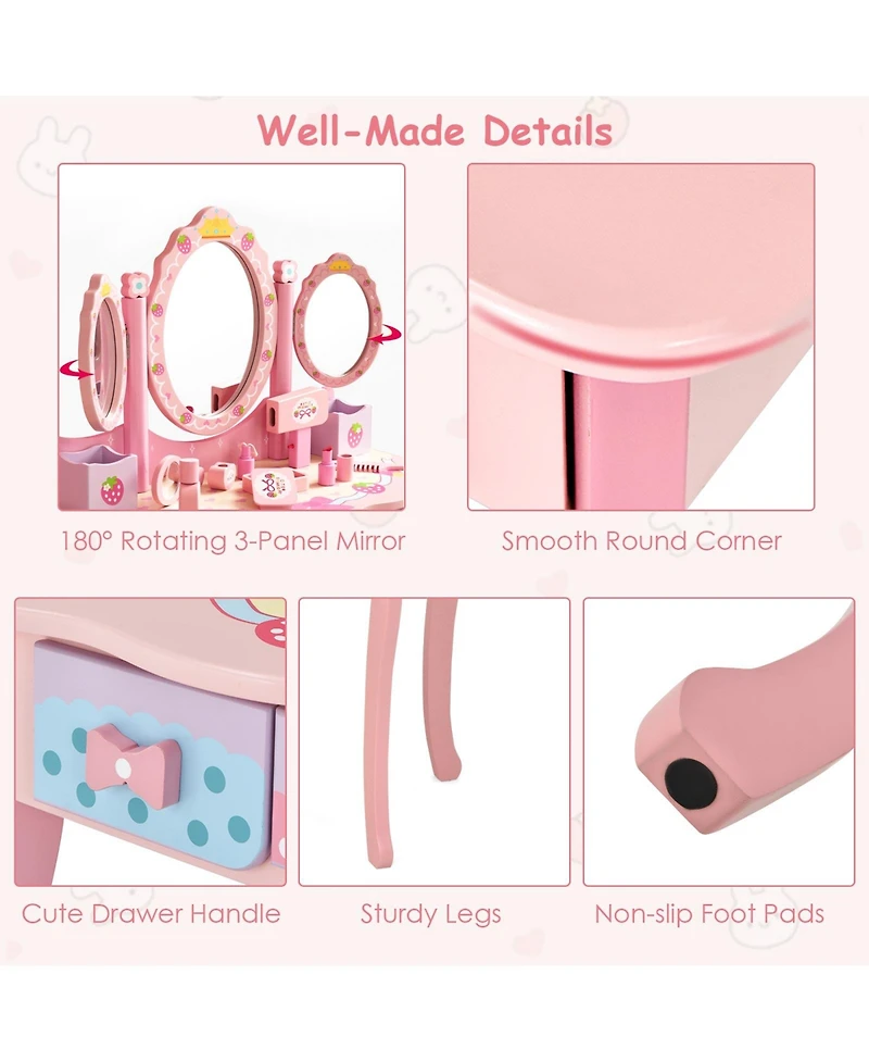 Gouun Kids Tri-Fold Mirror Vanity Table and Chair Set with 3 Drawers