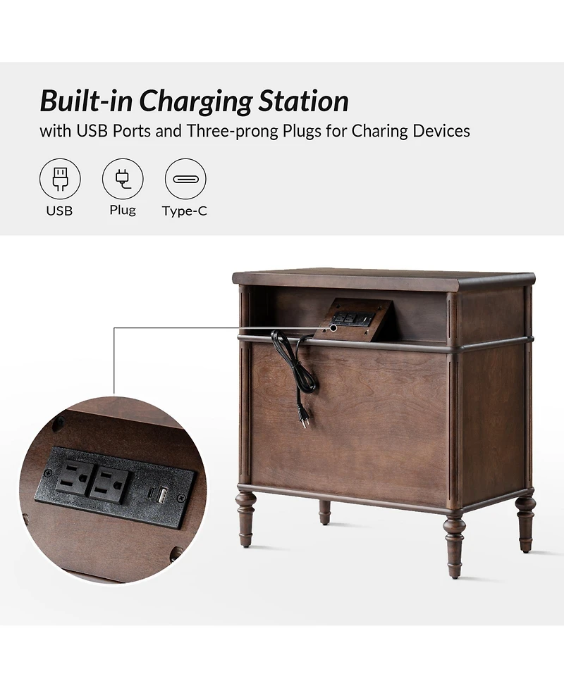 Hulala Home Kaybri Transitional 28"W 3-Drawer Fluted Solid End Table with Built-in Power Outlets