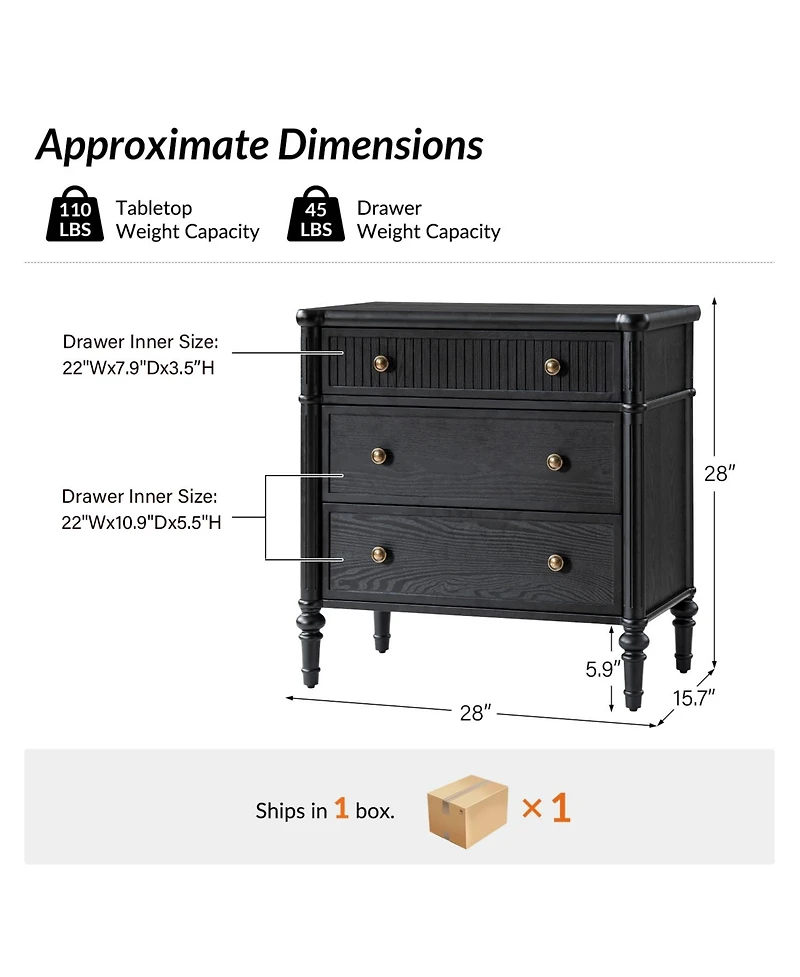 Hulala Home Kaybri Transitional 28"W 3-Drawer Fluted Solid End Table with Built-in Power Outlets