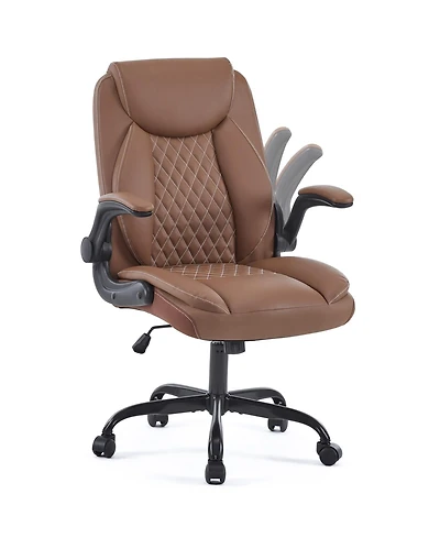FlynamaLeather Ergonomic Chair, Flip-Up Arms Rocking Office Chair