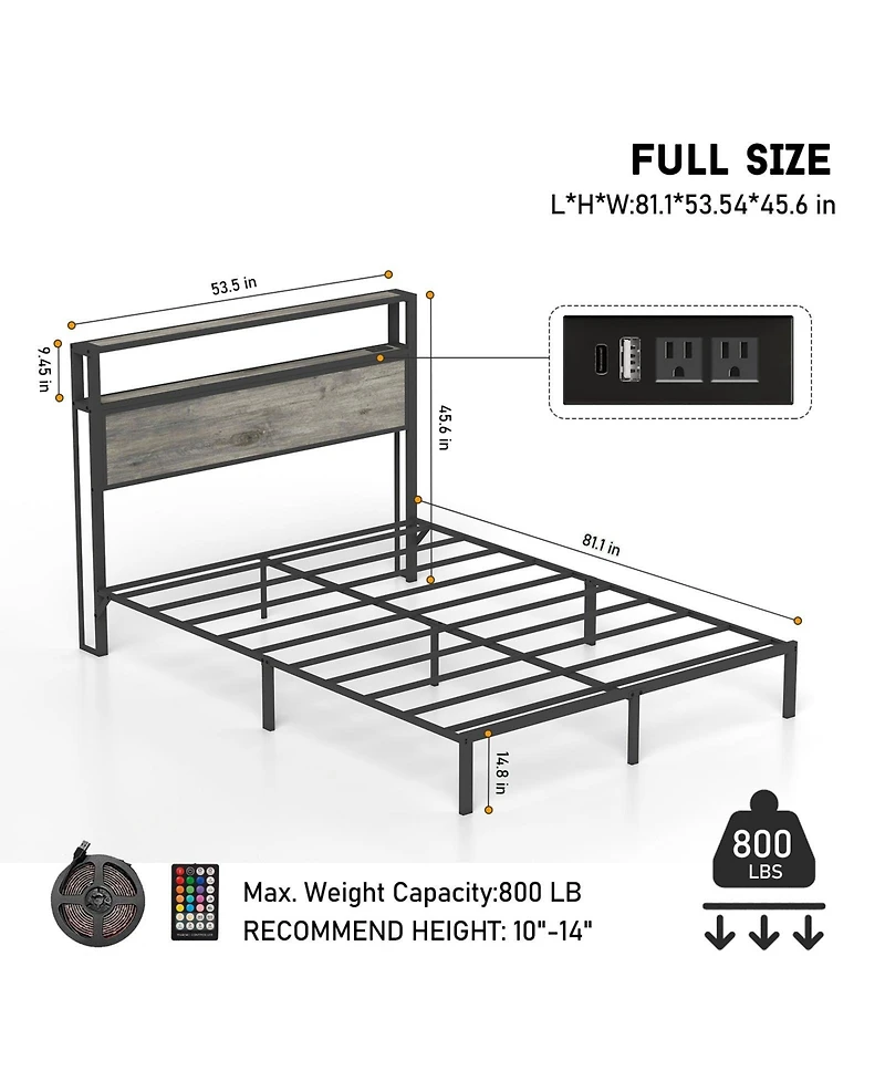 Lucky One Full Size Bed Frame with Headboard, Rgb Led Light and Charging Station
