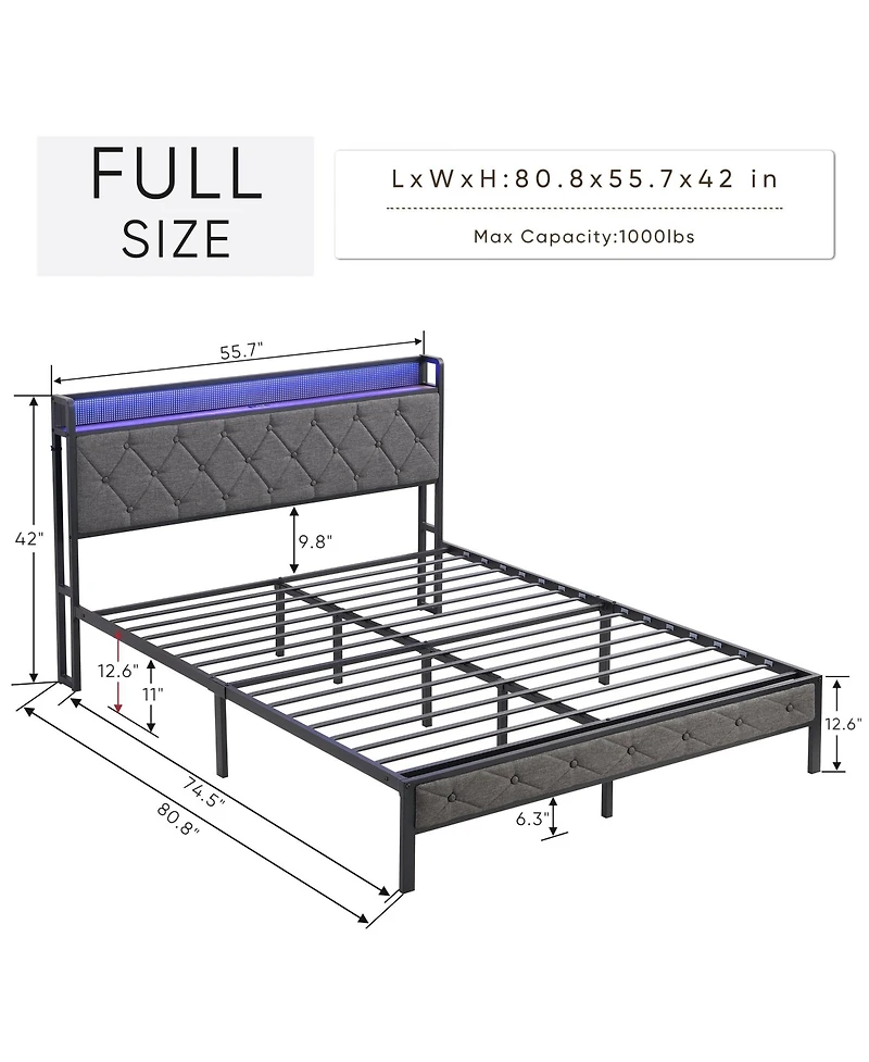 Lucky One Full Bed Frame with Storage Headboard, Charging Station and Led Lights
