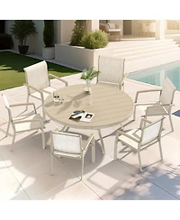 Mondawe 7-Piece Sandstone Outdoor Dining Set with 6 Ergonomic Textilene Chairs & Round Table Umbrella Hole